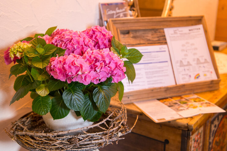 Herzlicher Empfangsbereich in der Pension Blumengesteck im Hotel